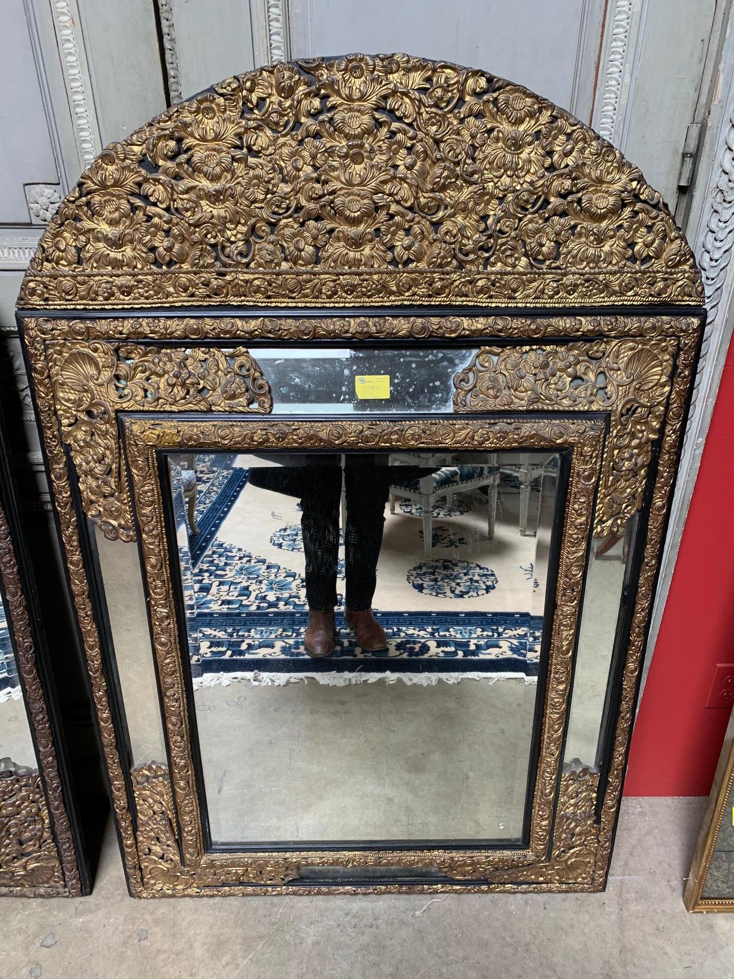 Beveled Large Pair of 19th Century French Regence Style Repousse Mirrors For Sale