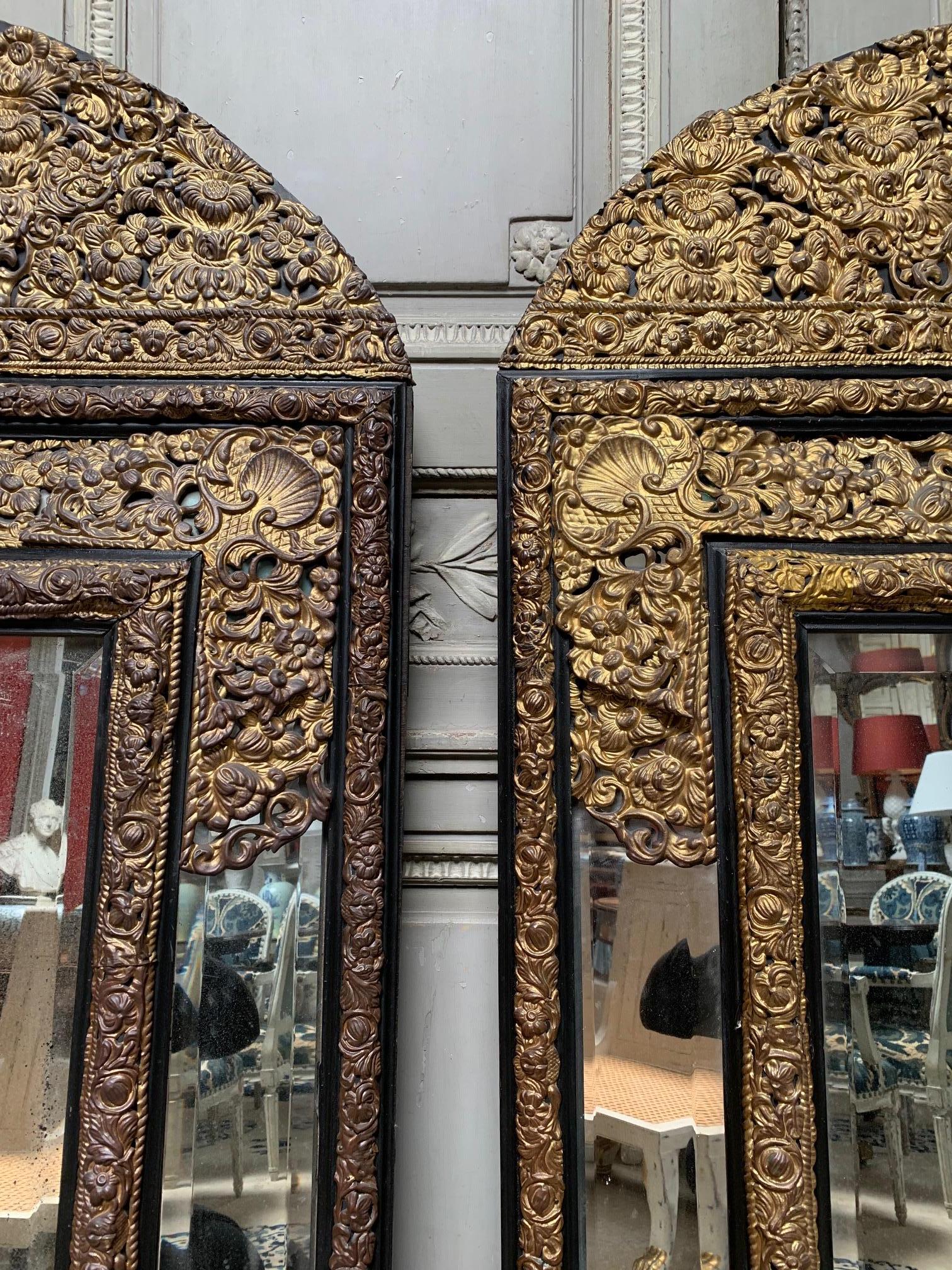 Wood Large Pair of 19th Century French Regence Style Repousse Mirrors For Sale