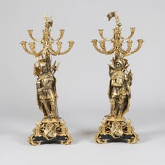 Large Pair of 19th Century French Silvered & Gilt Candelabra of Knights
