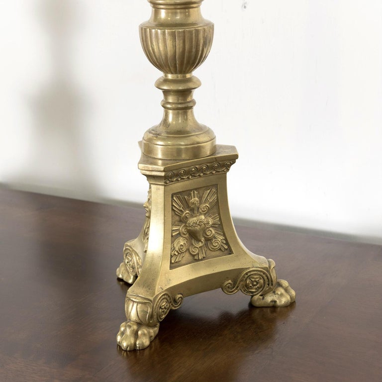 Large Pair of 19th Century French Solid Brass Altar Prickets or Candlesticks For Sale 8