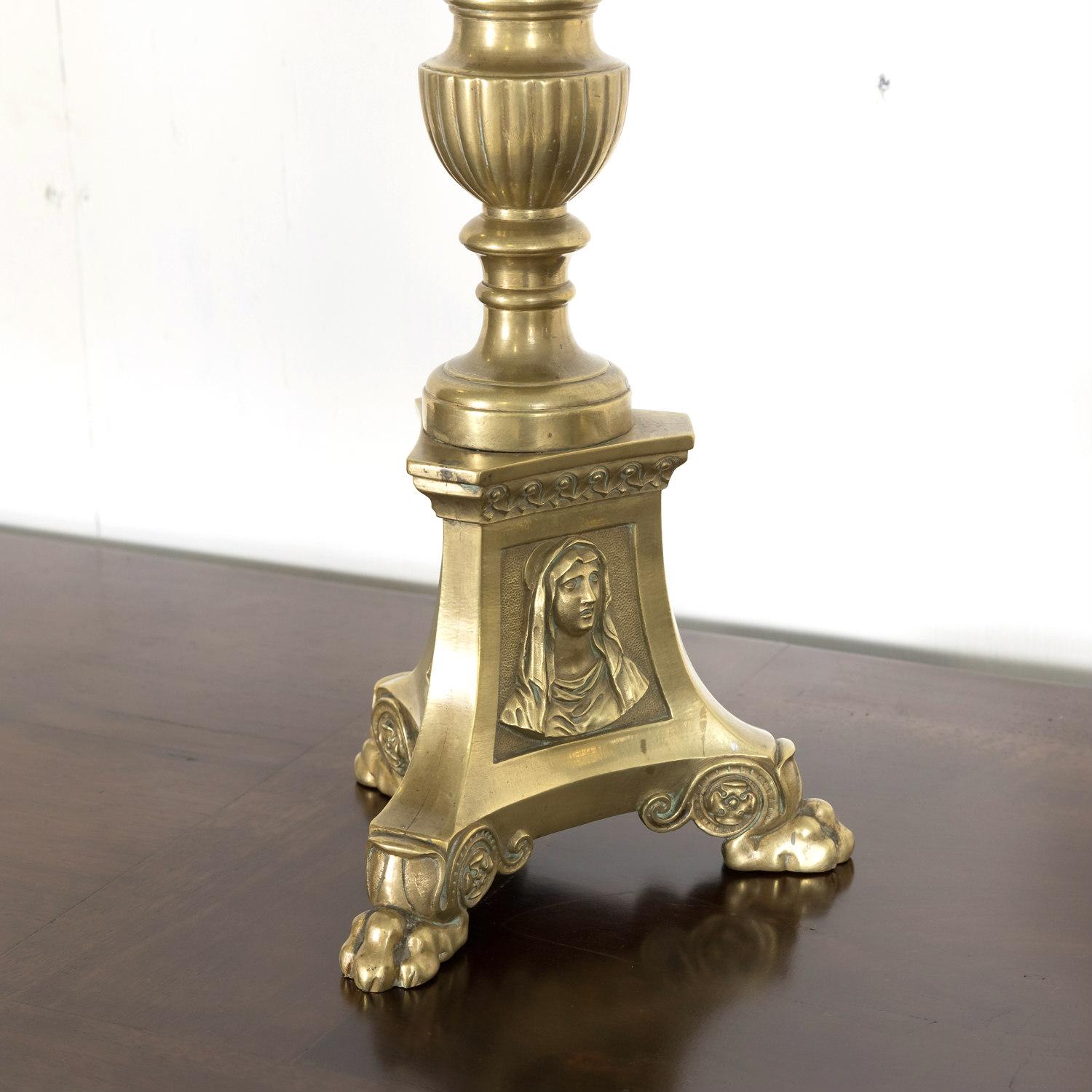 Large Pair of 19th Century French Solid Brass Altar Prickets or Candlesticks For Sale 9