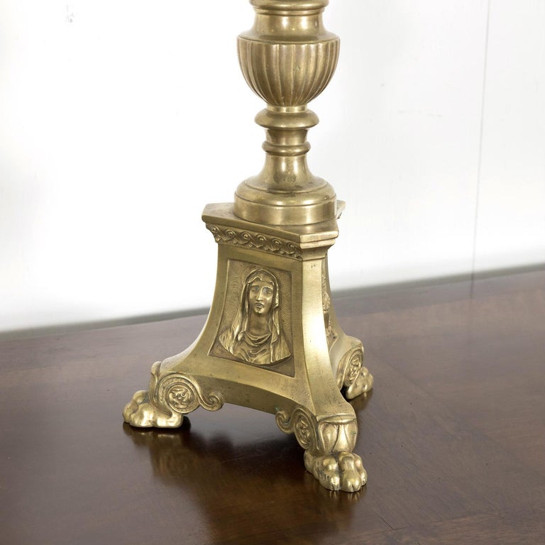 Large Pair of 19th Century French Solid Brass Altar Prickets or Candlesticks For Sale 9