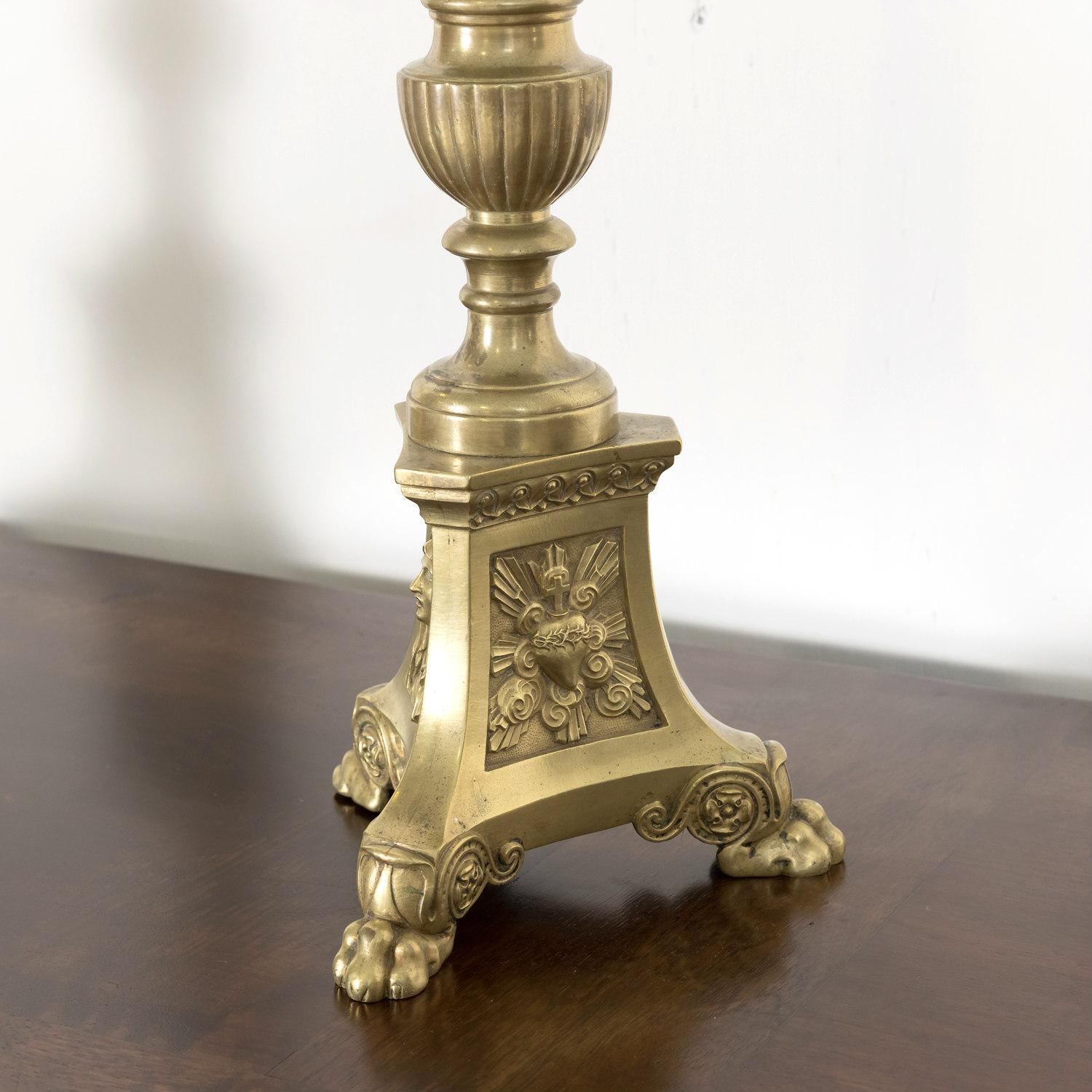 Large Pair of 19th Century French Solid Brass Altar Prickets or Candlesticks For Sale 10