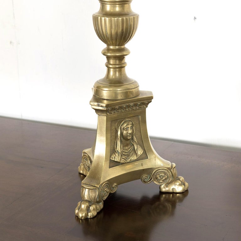Large Pair of 19th Century French Solid Brass Altar Prickets or Candlesticks For Sale 10
