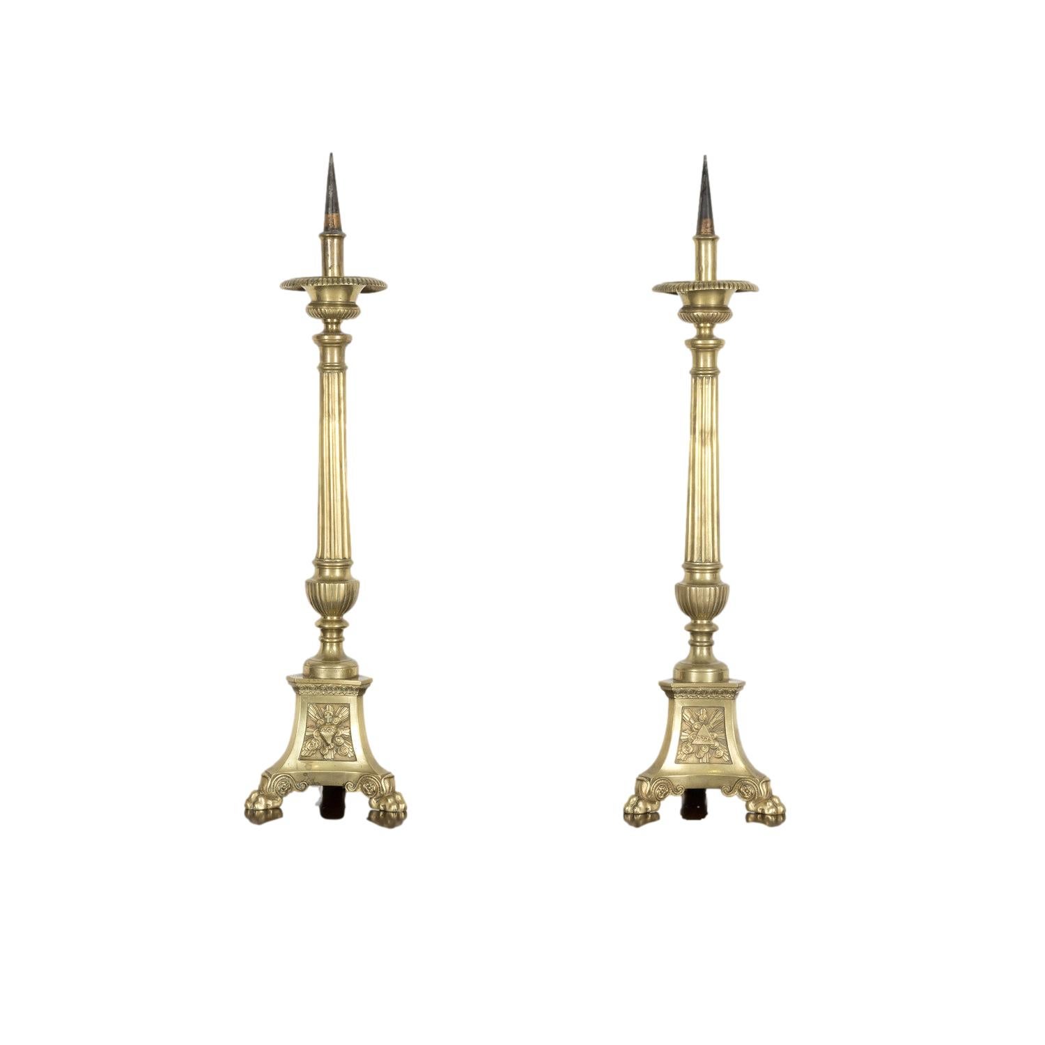 Large Pair of 19th Century French Solid Brass Altar Prickets or Candlesticks For Sale