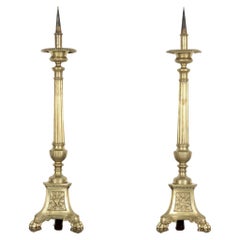 Large Pair of 19th Century French Solid Brass Altar Prickets or Candlesticks