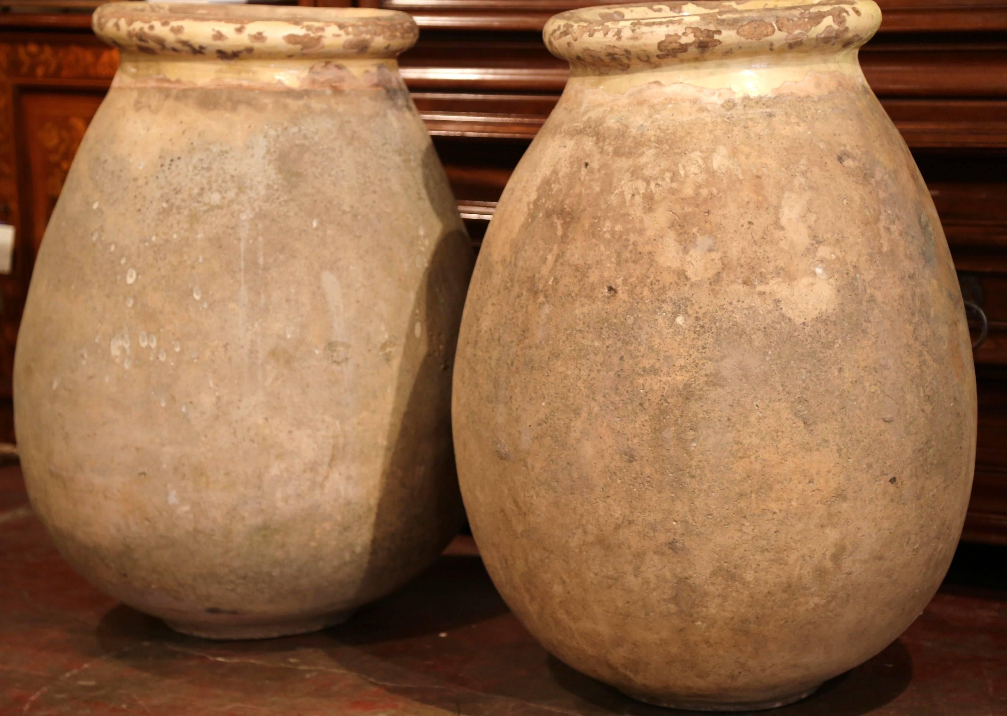 Hand-Carved Large Pair of 19th Century French Terracotta Olive Jar from Provence