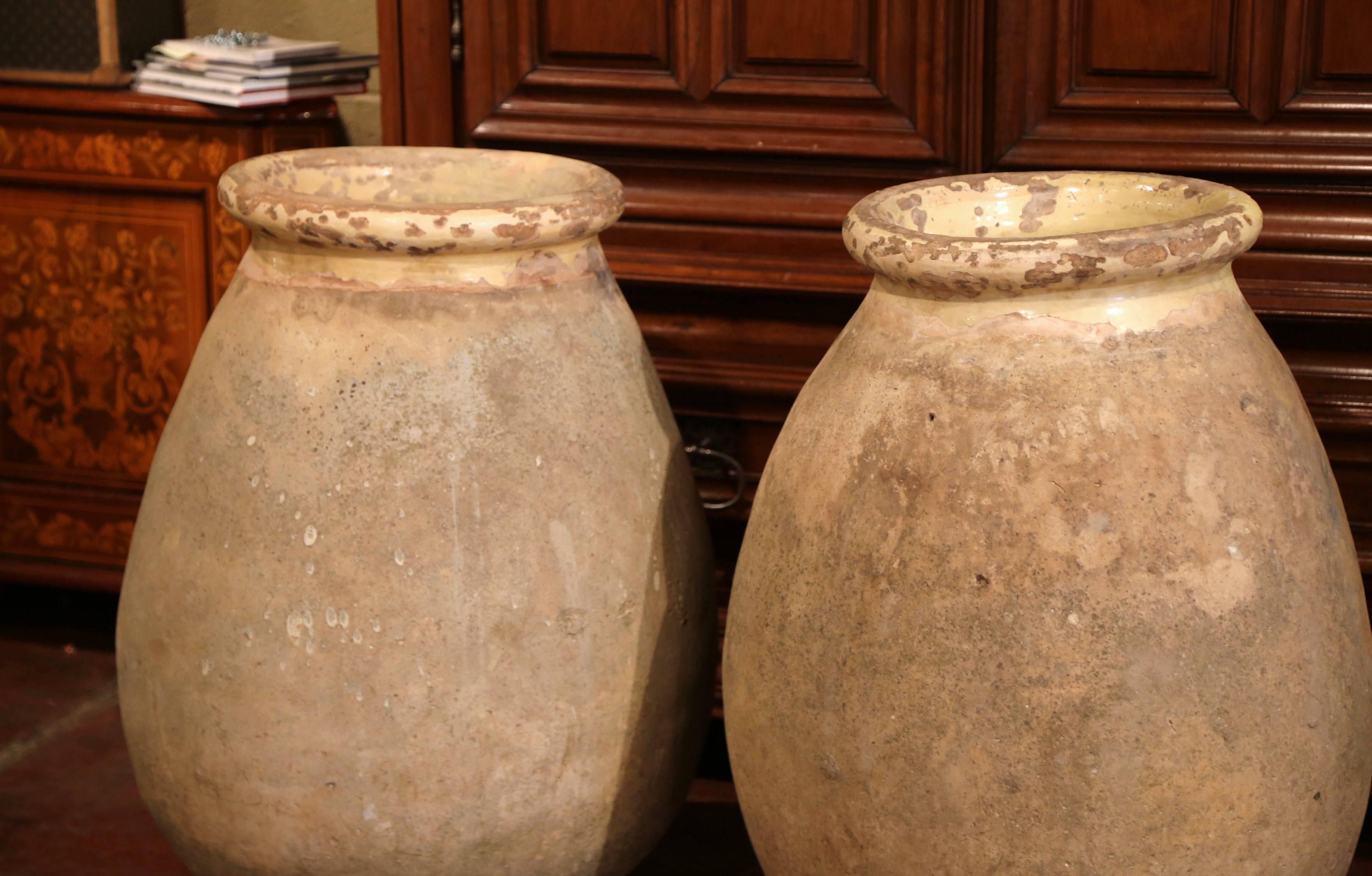 Large Pair of 19th Century French Terracotta Olive Jar from Provence In Excellent Condition In Dallas, TX