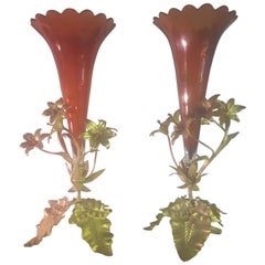 Large Pair of 19th Century Git Bronze and Glass Vases