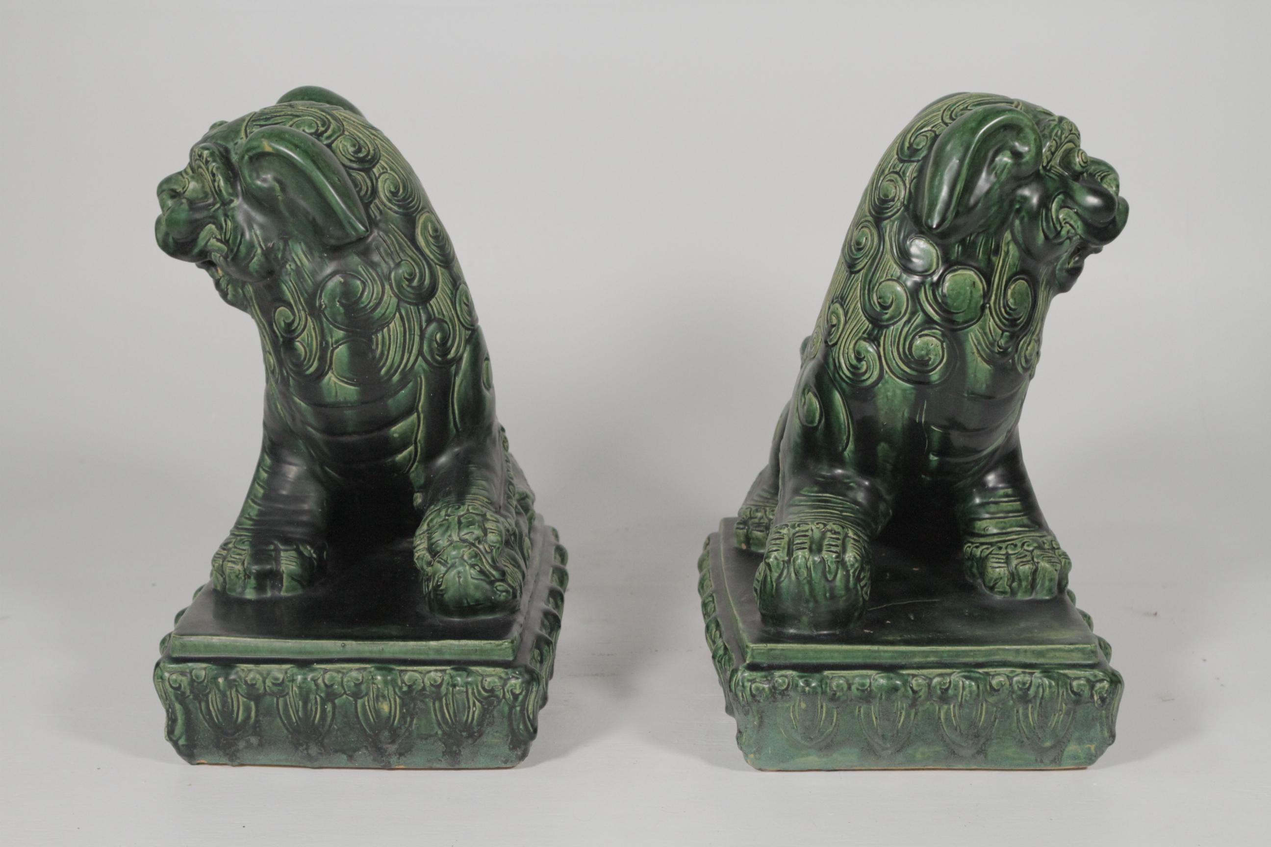 Chinese Large Pair of 19th Century Green Glazed Large Foo Dogs