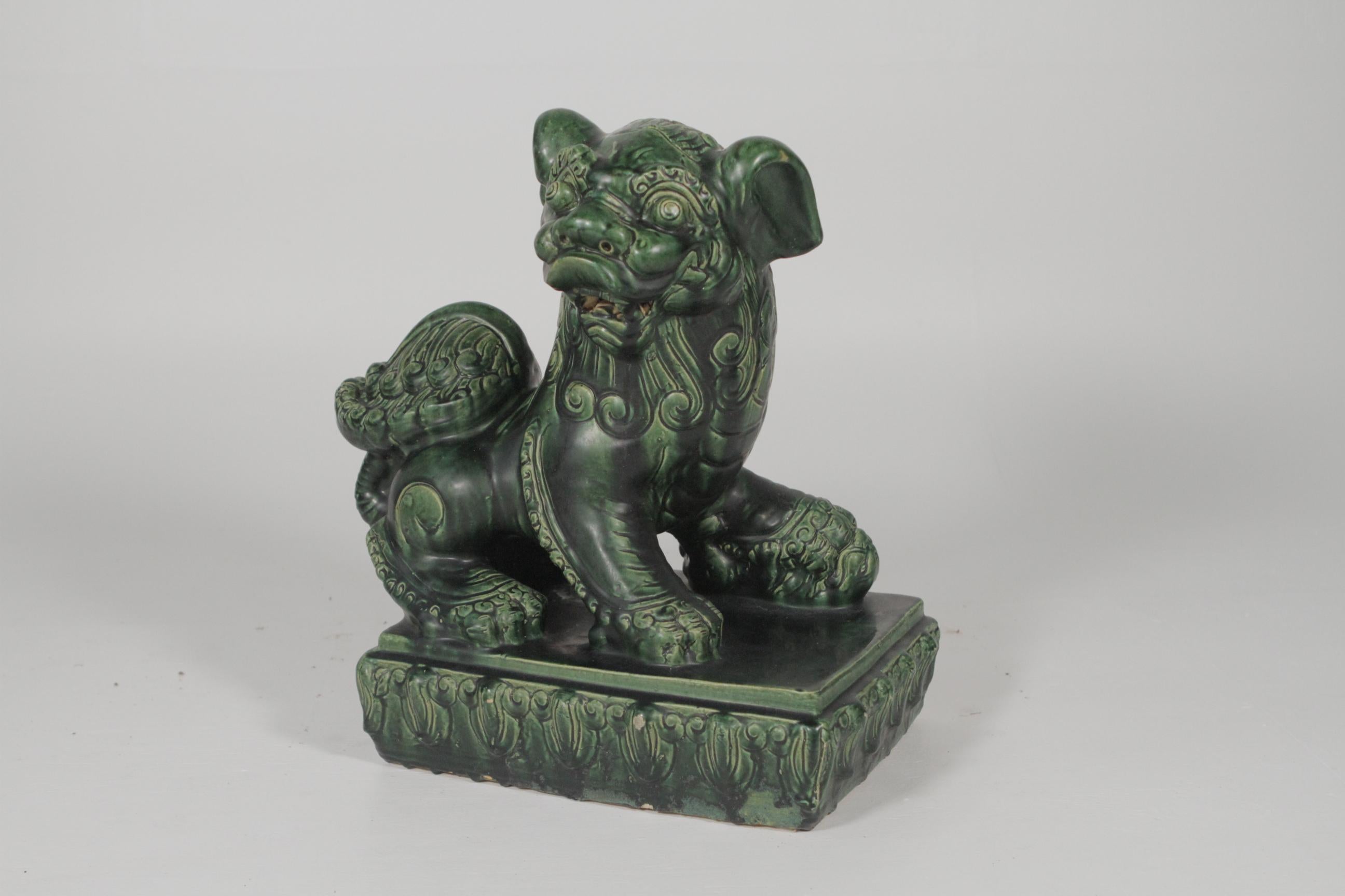 Pottery Large Pair of 19th Century Green Glazed Large Foo Dogs