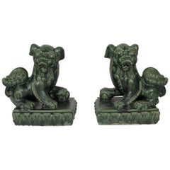 Antique Large Pair of 19th Century Green Glazed Large Foo Dogs