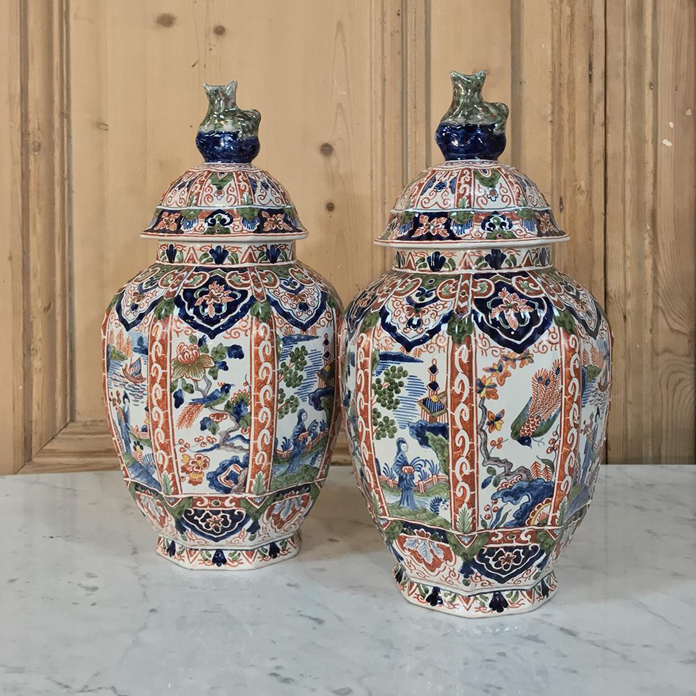 Rococo Revival Large Pair of 19th Century Hand-Painted Delft Vases
