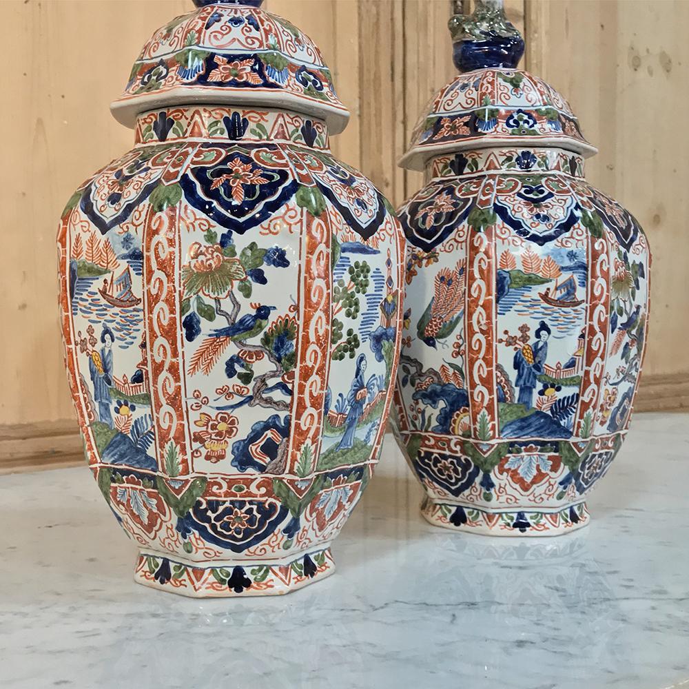 Dutch Large Pair of 19th Century Hand-Painted Delft Vases