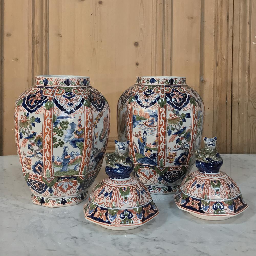 Large Pair of 19th Century Hand-Painted Delft Vases In Good Condition In Dallas, TX