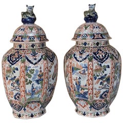 Large Pair of 19th Century Hand-Painted Delft Vases