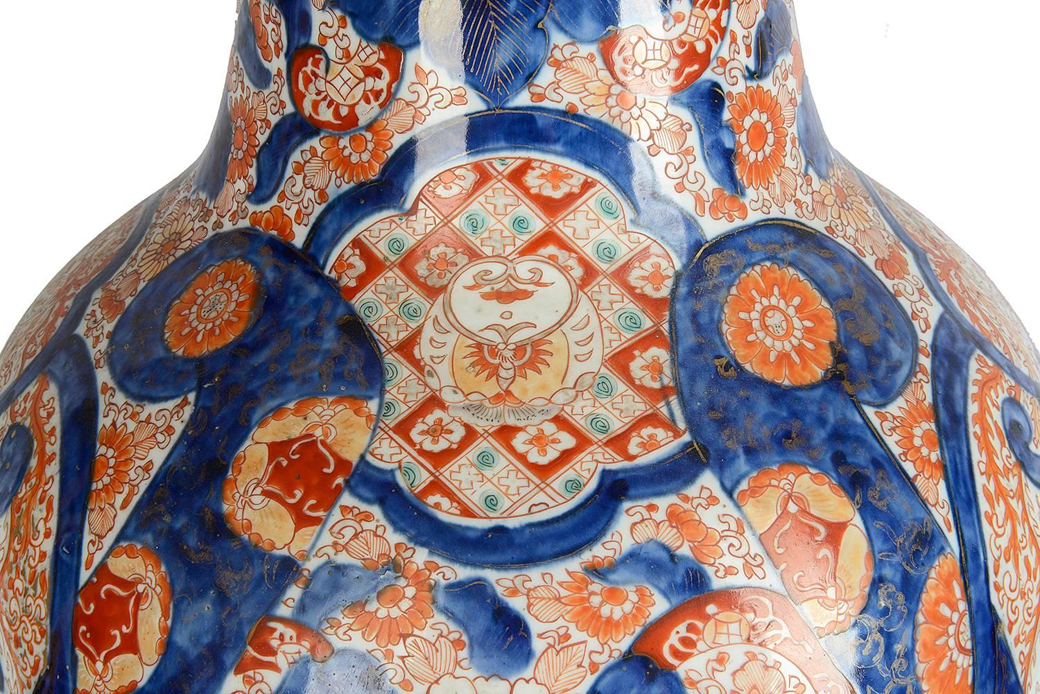 Hand-Painted Large Pair of 19th Century Imari Vases