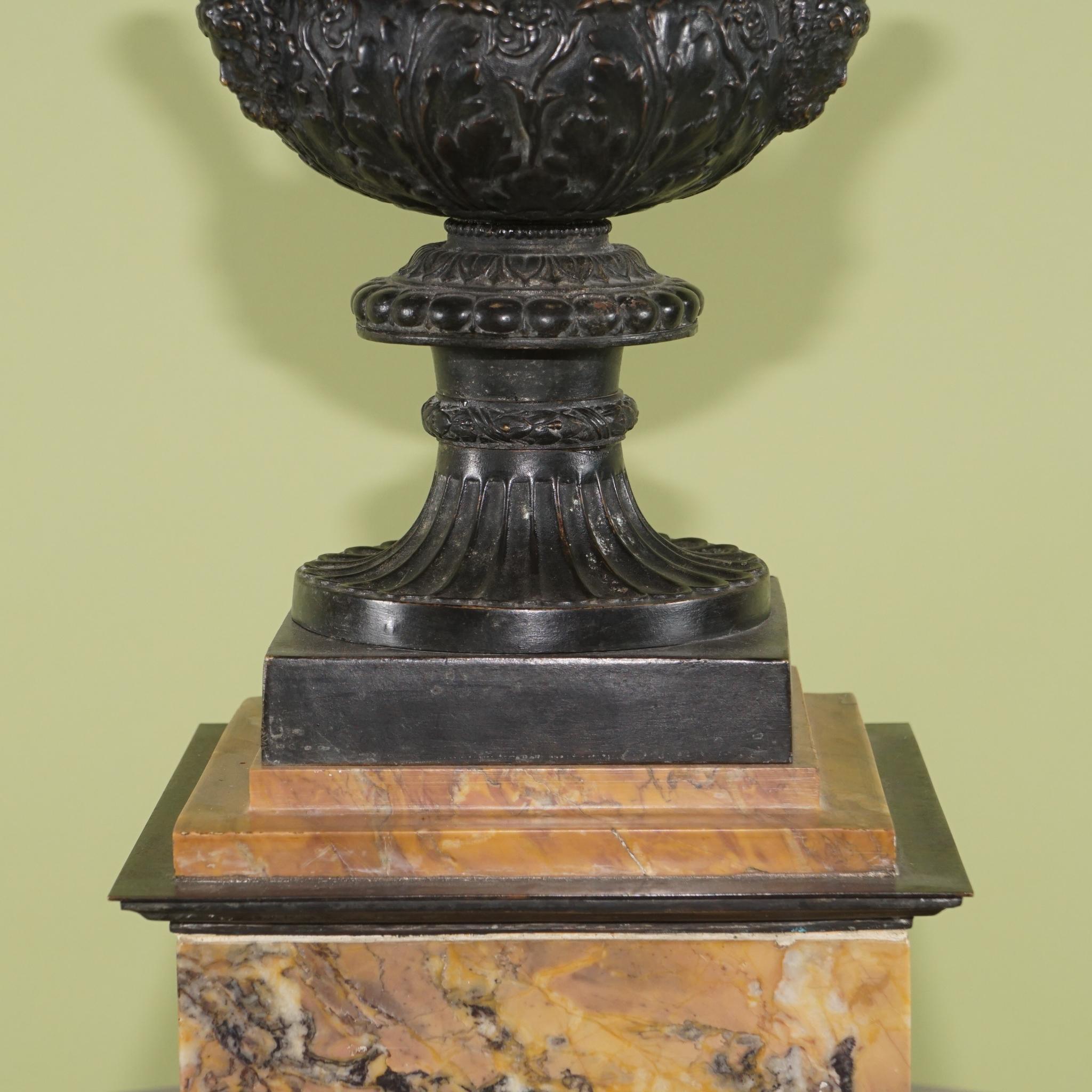 Cast Large Pair of 19th Century Italain Medici Urns on Sienna Marble Bases For Sale