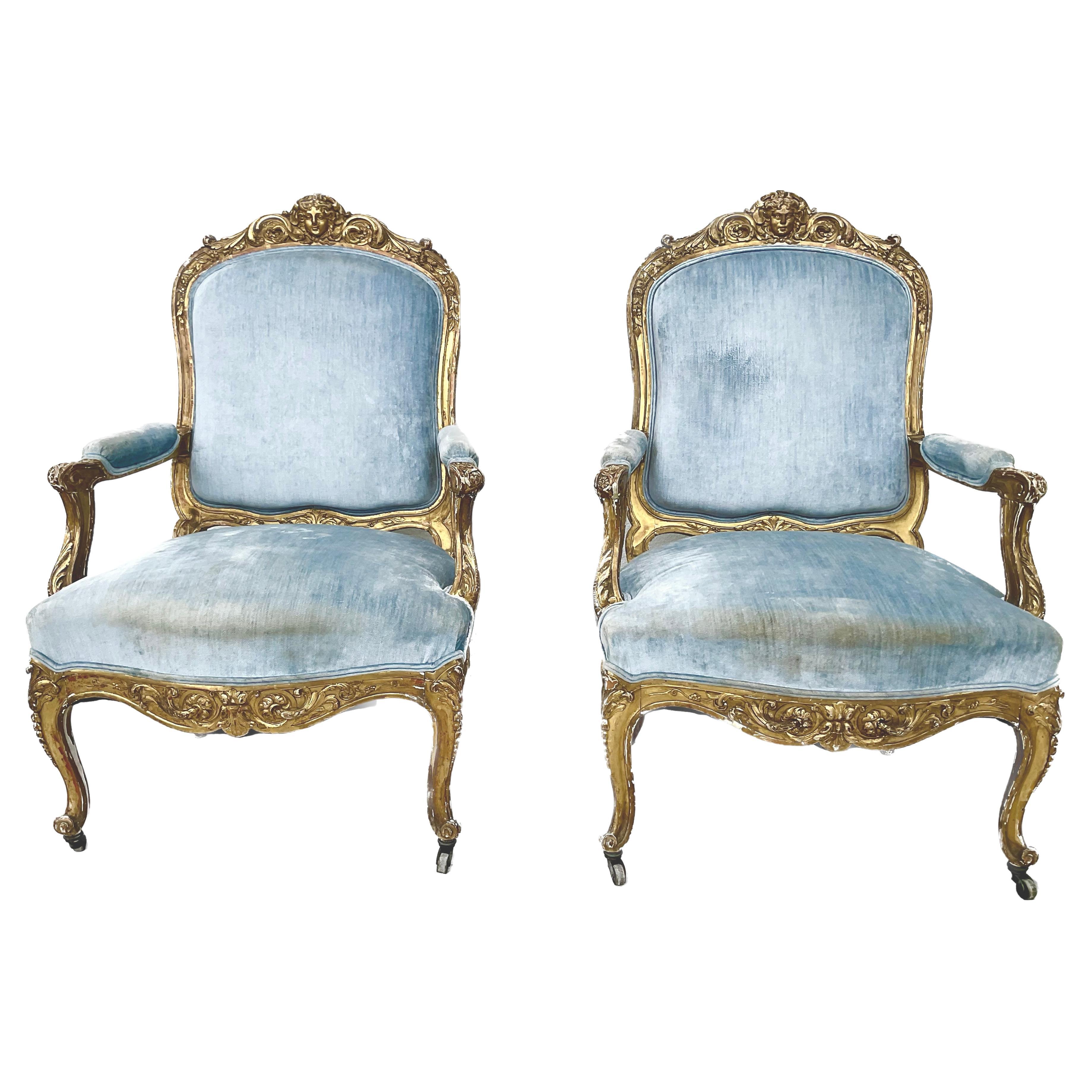 Large Pair of 19th Century Italian Carved Giltwood Armchairs