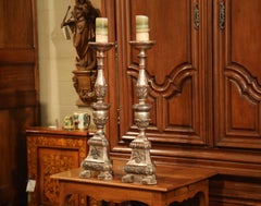 Pair of 19th Century Italian Carved Two-Tone Silver Leaf Candlesticks Prickets
