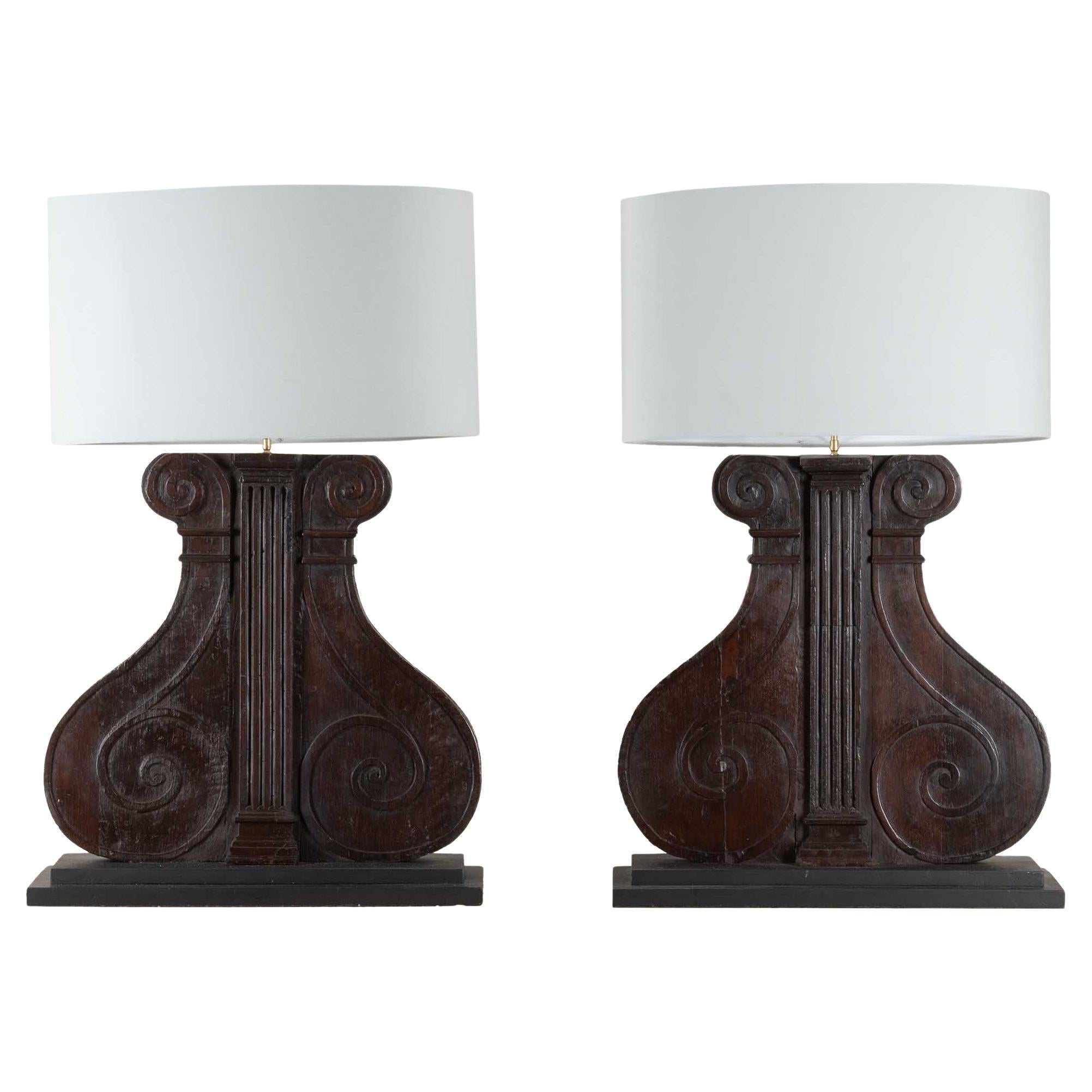 Large Pair of 19th Century Italian Carved Wooden Lamps For Sale