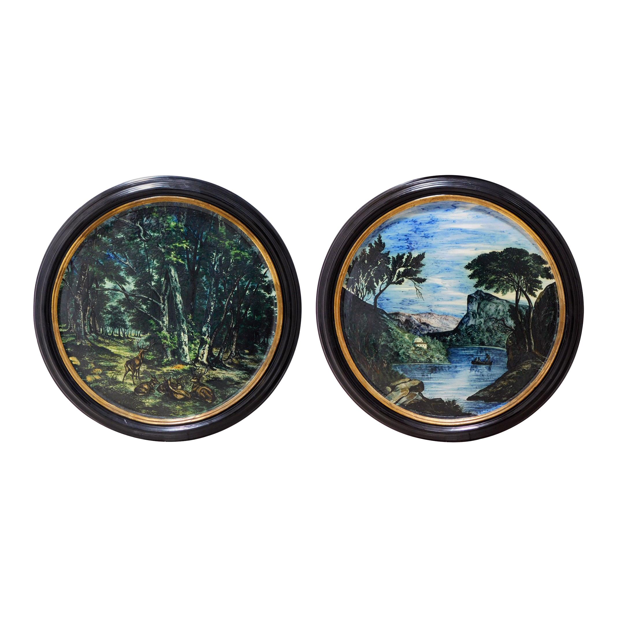 Large Pair of 19th Century Italian Glazed-Majolica Framed Plaques For Sale