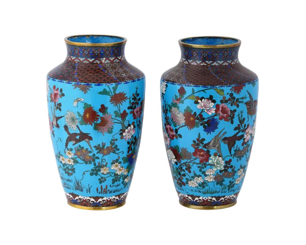 Meiji Large Pair of 19th Century Japanese Cloisonne Enamel Vases Birds in Blossoming F For Sale