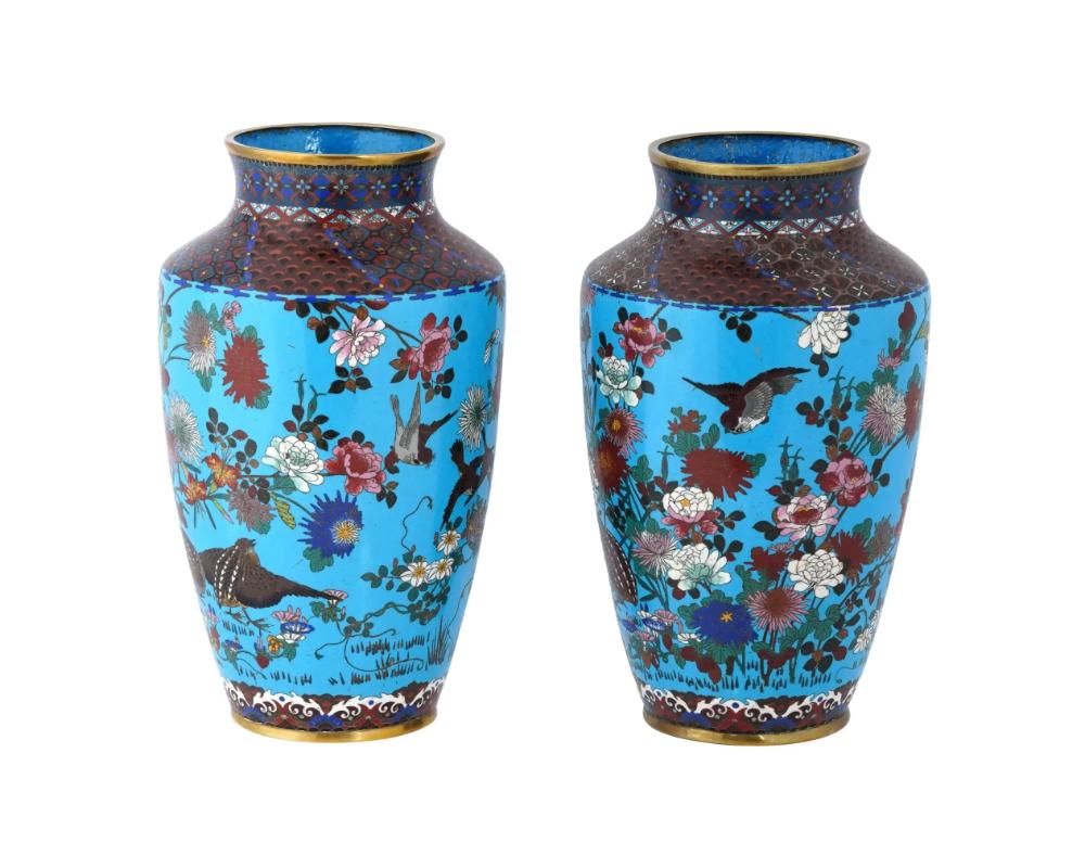 Cloissoné Large Pair of 19th Century Japanese Cloisonne Enamel Vases Birds in Blossoming F For Sale