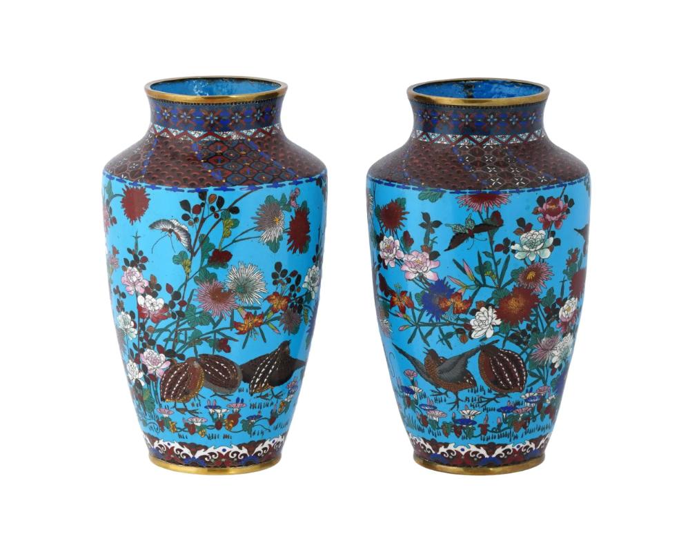 Large Pair of 19th Century Japanese Cloisonne Enamel Vases Birds in Blossoming F In Good Condition For Sale In New York, NY