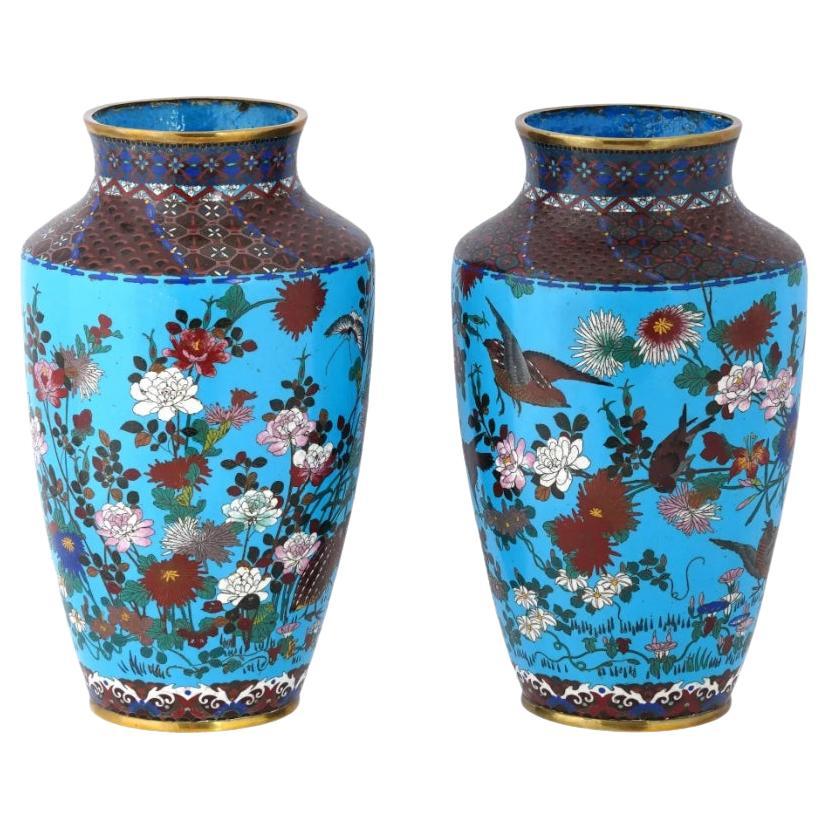 Large Pair of 19th Century Japanese Cloisonne Enamel Vases Birds in Blossoming F For Sale