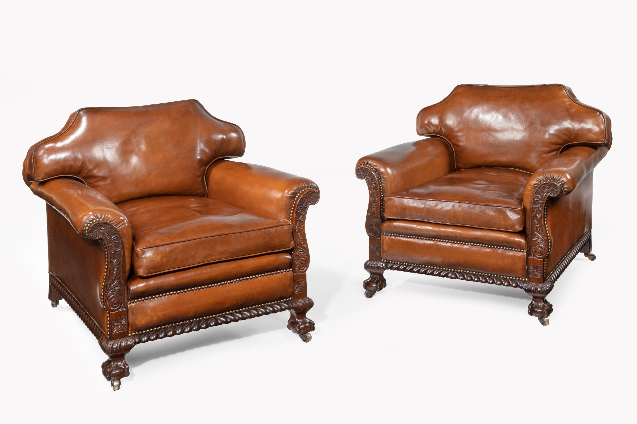 Chippendale Large Pair of 19th Century Mahogany Country House Leather Armchairs