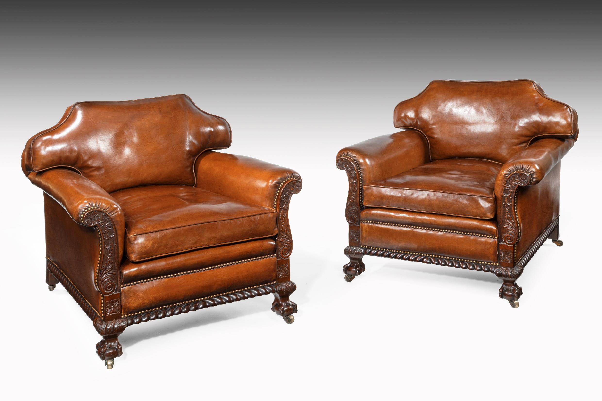 English Large Pair of 19th Century Mahogany Country House Leather Armchairs