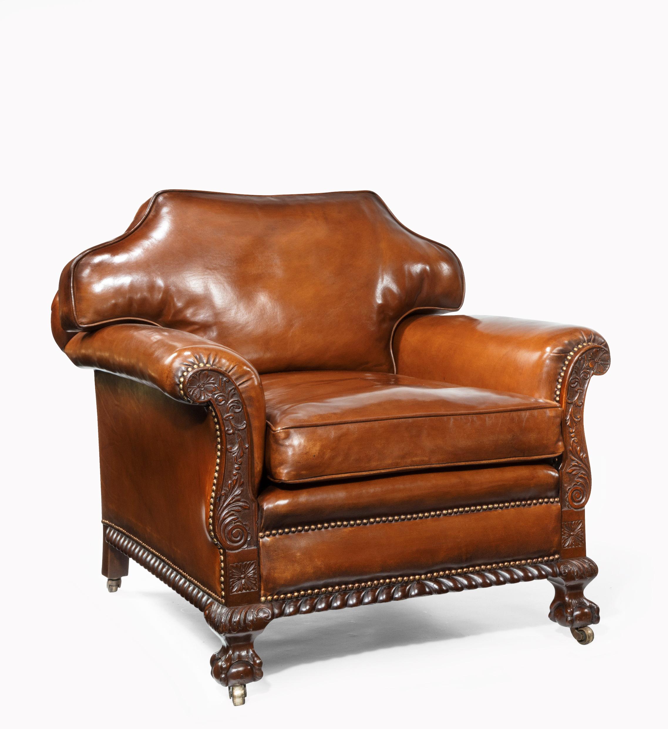 Hand-Carved Large Pair of 19th Century Mahogany Country House Leather Armchairs