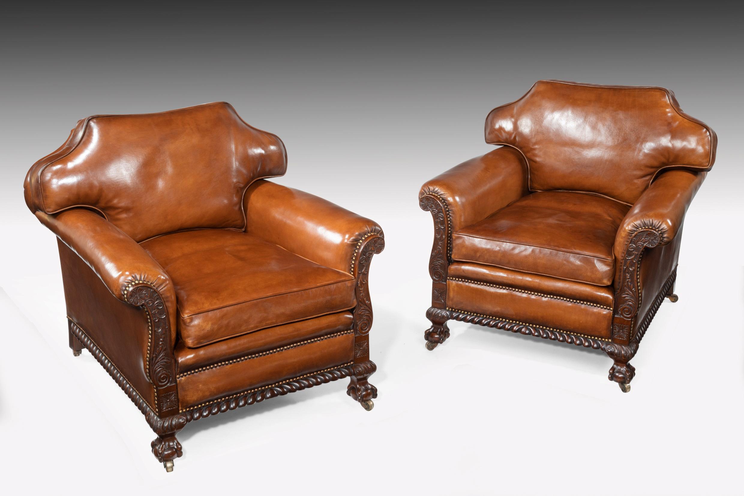 Large Pair of 19th Century Mahogany Country House Leather Armchairs 2