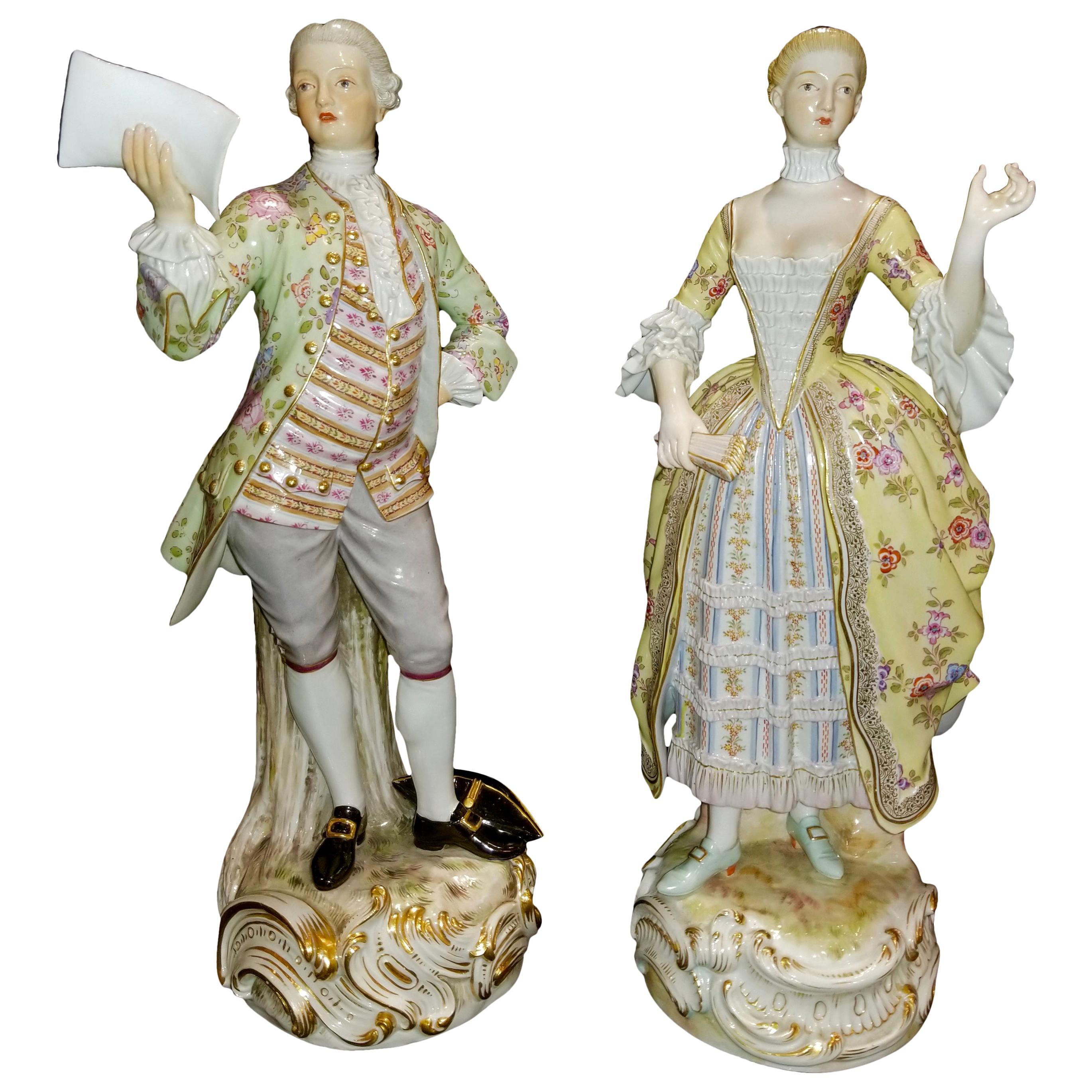 Large Pair of 19th Century Meissen Porcelain Figures of Lovers Singing