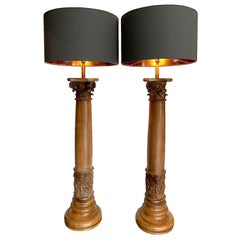 Antique Large Pair of 19th Century Oak Corinthian Column Lamps with Carved Cherubs