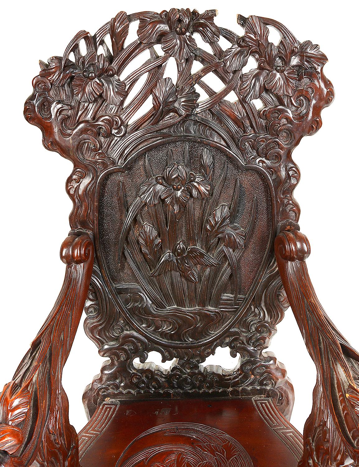 Carved Large Pair of 19th Century Oriental Armchairs For Sale