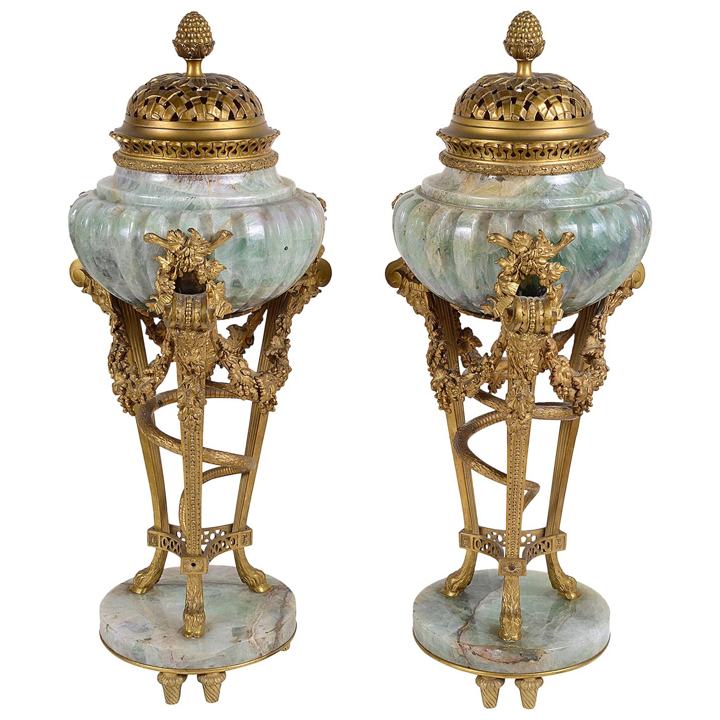 Large Pair of 19th Century Green Marble and Ormolu Urns For Sale at 1stDibs