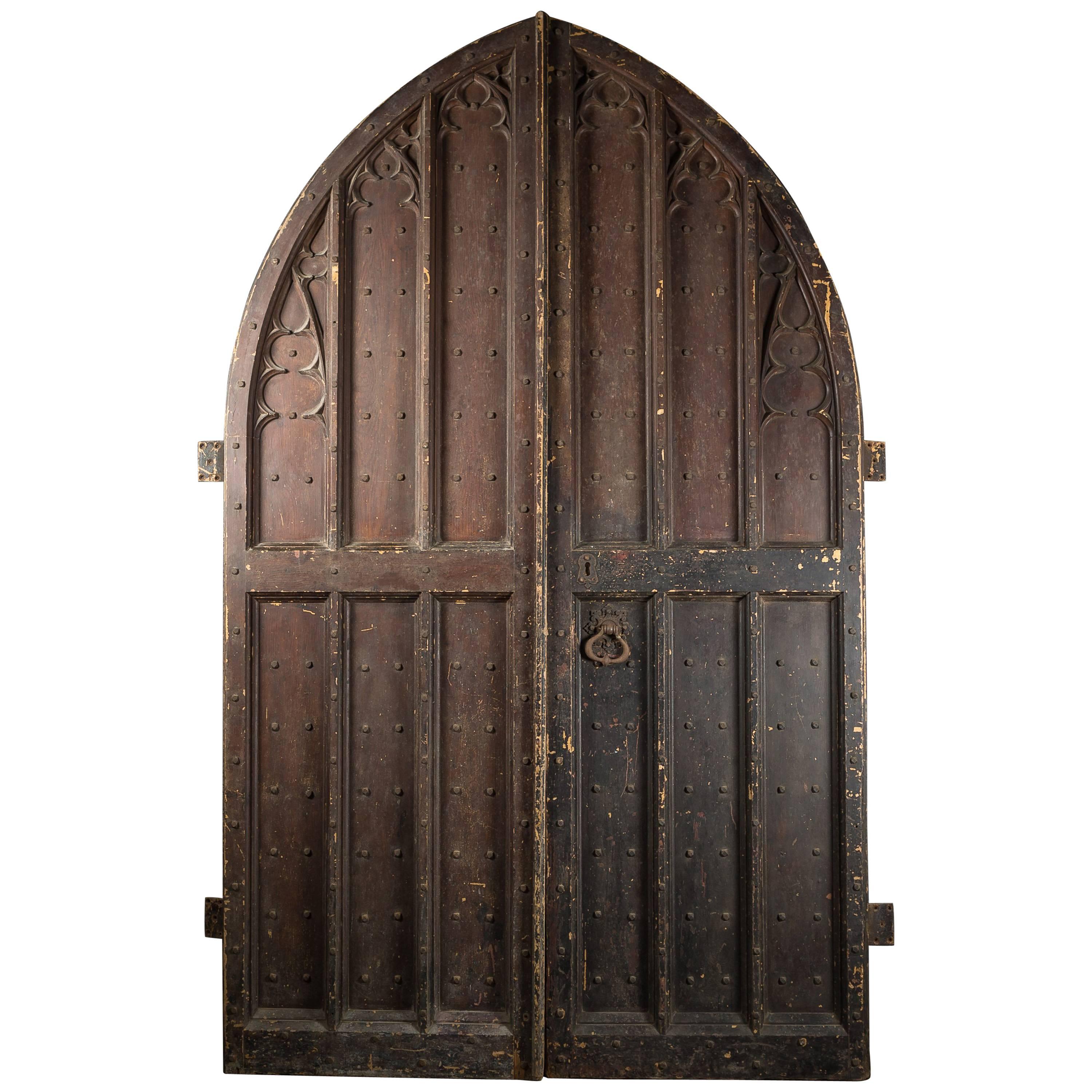 Large Pair of 19th Century Pine Gothic Church Double Doors