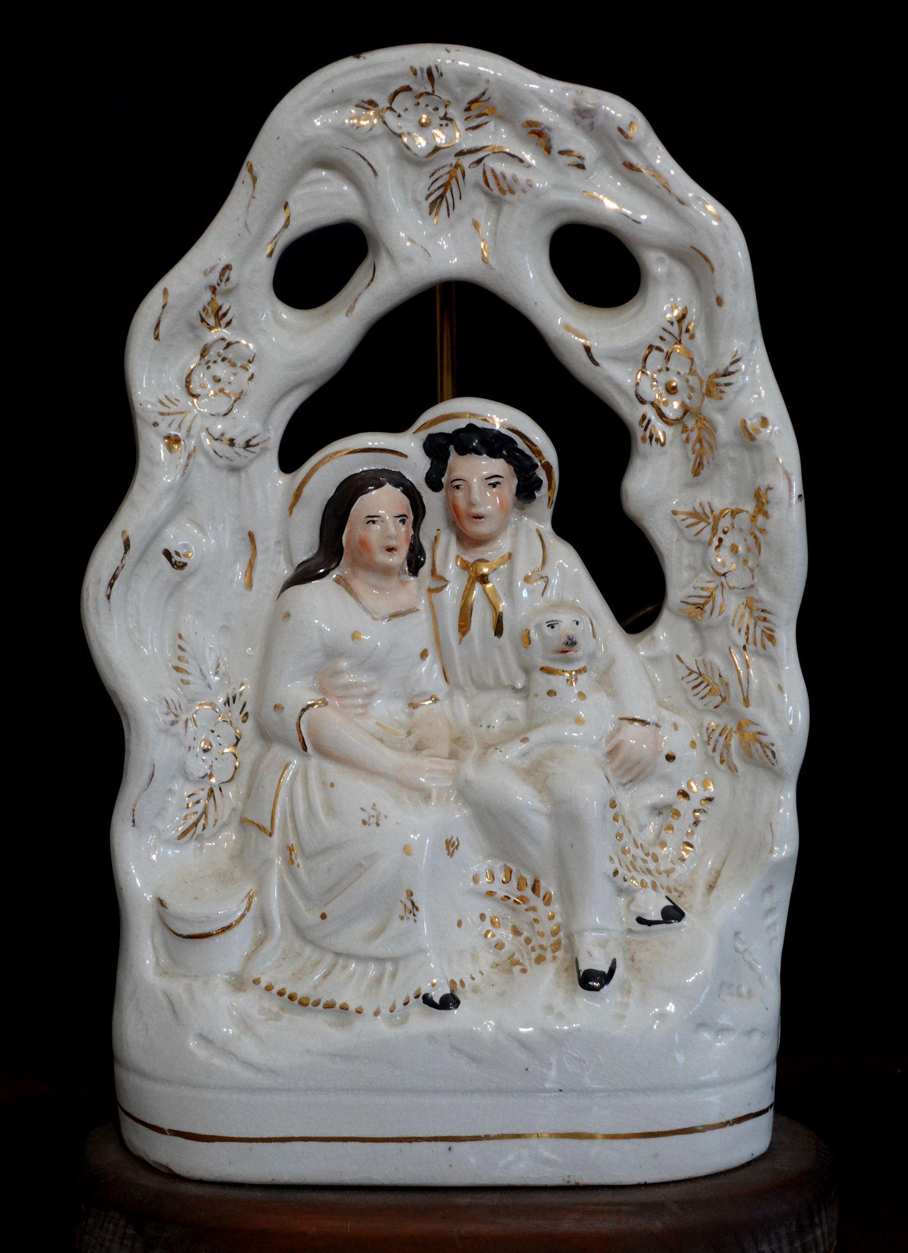 American Large Pair of 19th Century Staffordshire Arbor Couple Pottery Table Lamps For Sale