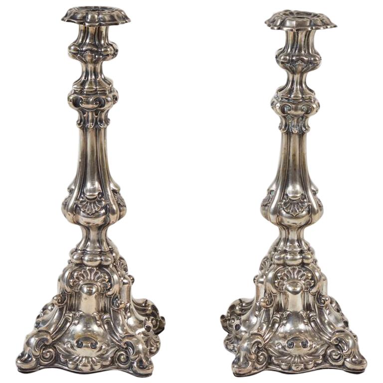 Large Pair of 19th Century Sterling Silver Candlesticks, France