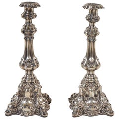 Large Pair of 19th Century Sterling Silver Candlesticks, France