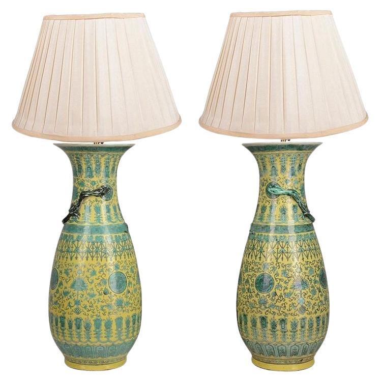 Large Pair of 19th Chinese Yellow and Green Ground Vases/ lamps