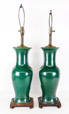 Large Pair of 19thC Chinese Green Glazed Porcelain Vases Converted to Lamps
