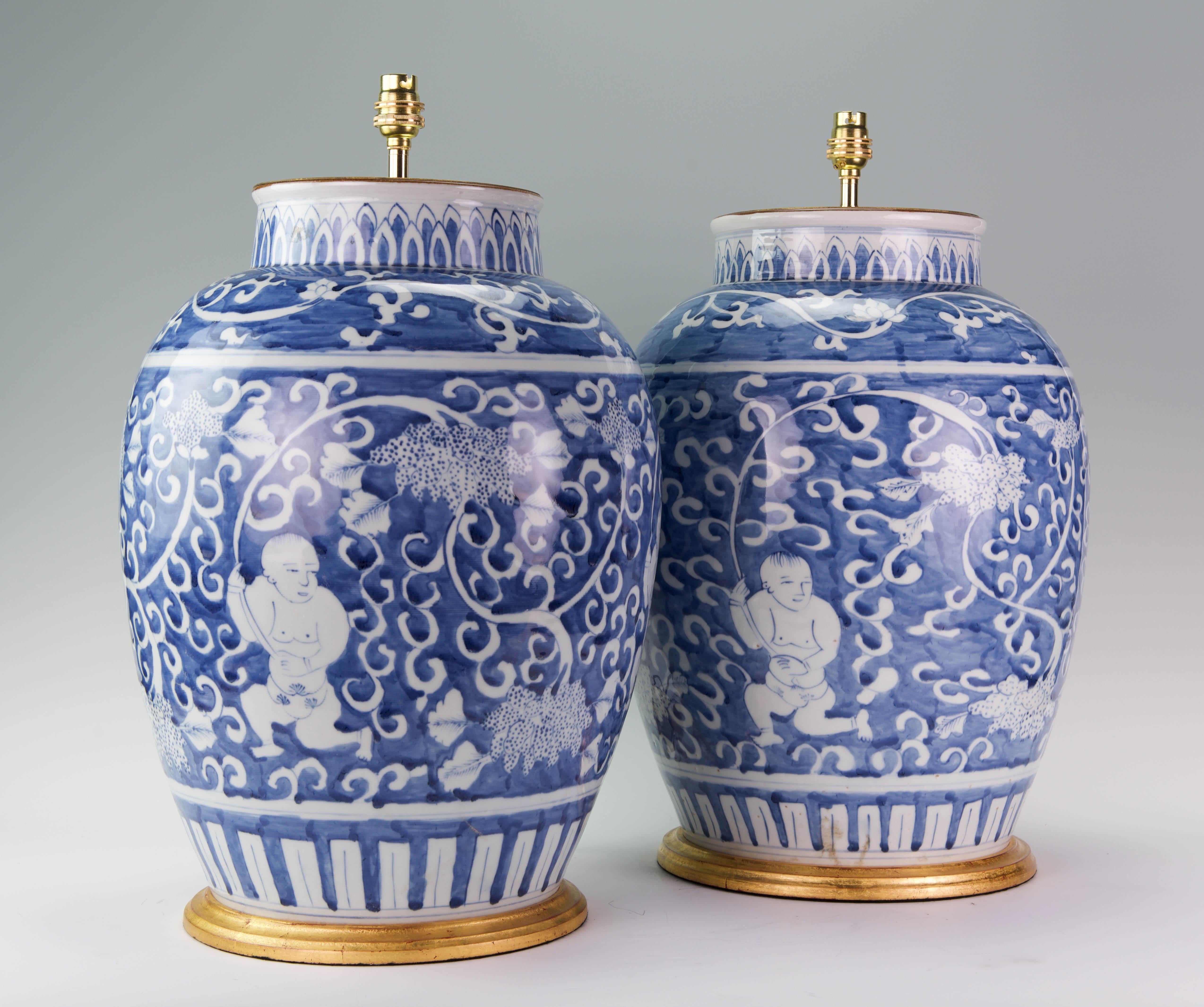 Glazed Large Pair of 20th Century Chinese Blue and White Baluster Porcelain Table Lamps For Sale