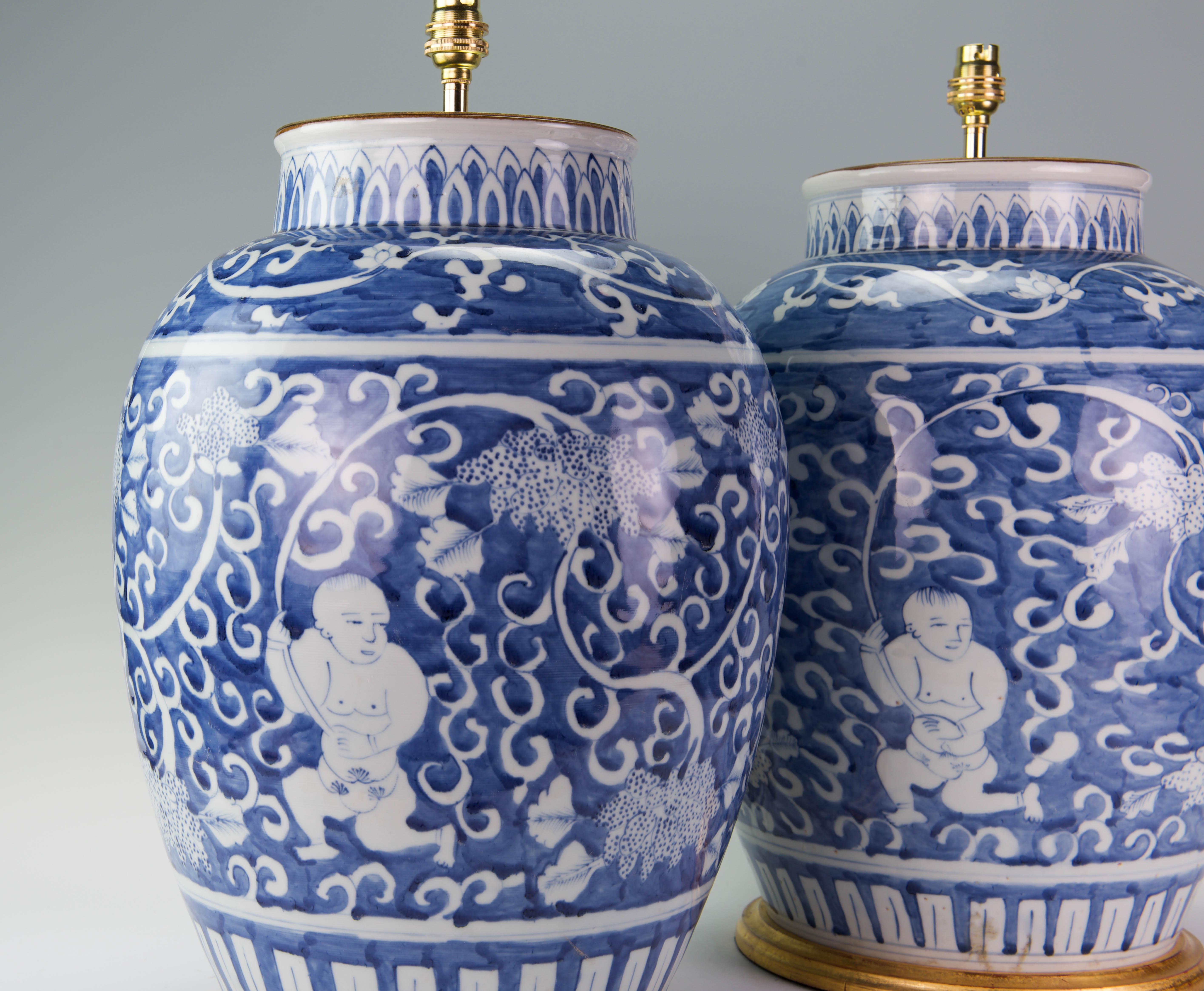 Large Pair of 20th Century Chinese Blue and White Baluster Porcelain Table Lamps In Good Condition For Sale In London, GB