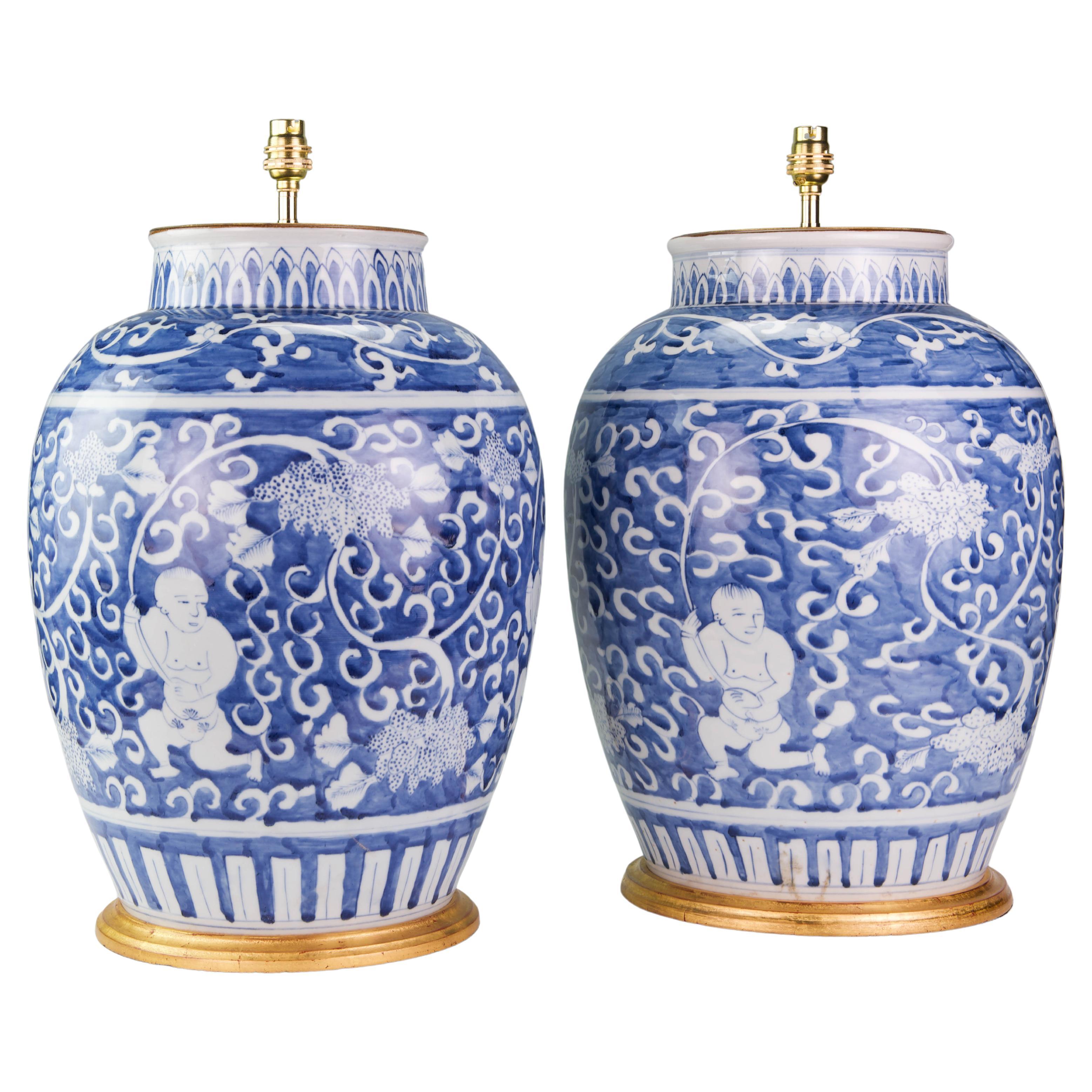 Large Pair of 20th Century Chinese Blue and White Baluster Porcelain Table Lamps For Sale