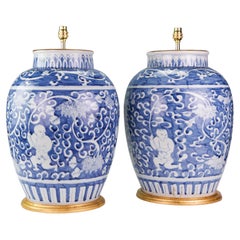 Large Pair of 20th Century Chinese Blue and White Baluster Porcelain Table Lamps