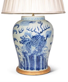 Pair of Chinese Dogs of Fo Blue and White Porcelain 20th Century Table Lamps