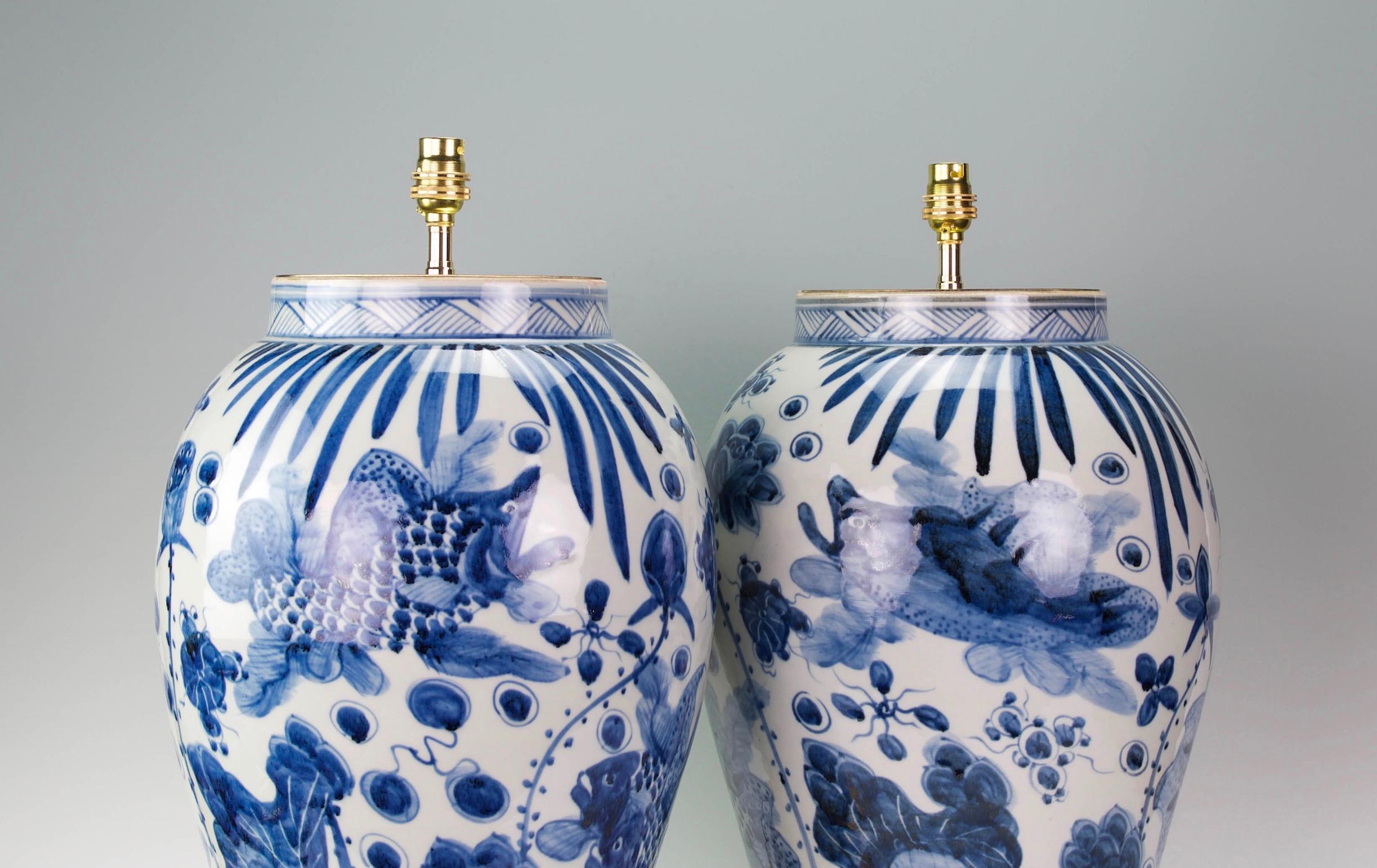 Glazed Large Pair of 20th Century Chinese Blue and White Porcelain Table Lamps For Sale